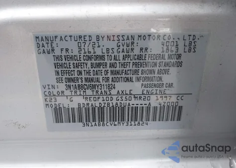 2021 Nissan Sentra Sv Xtronic Cvt from USA, damaged, VIN 3N1AB8CV6MY311824